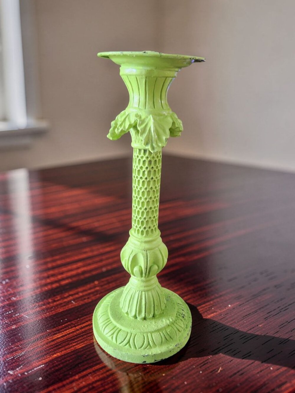 Vintage Large Green Ornate Metal Candleholder Very Heavy Thick and Sturdy.